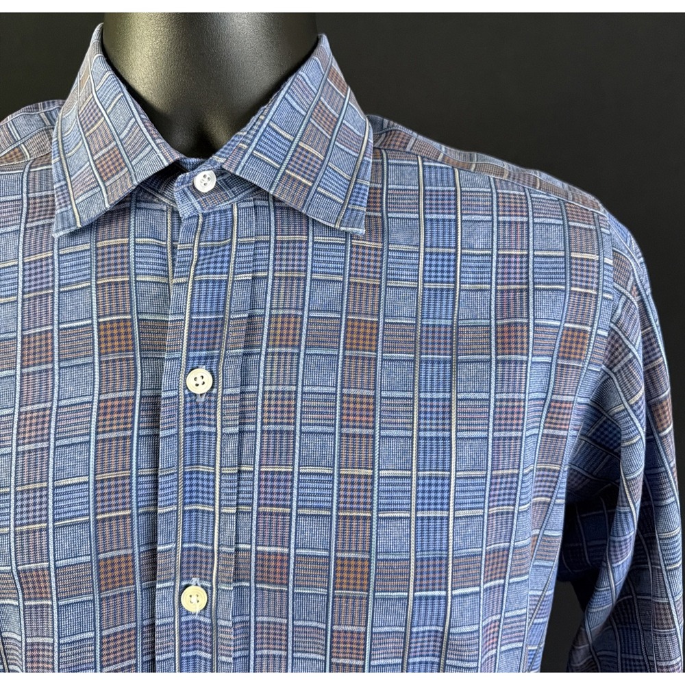Seize Sur Vingt Men's Dress Shirt 15.5-35 Indigo Herringbone Windowpane Plaid.